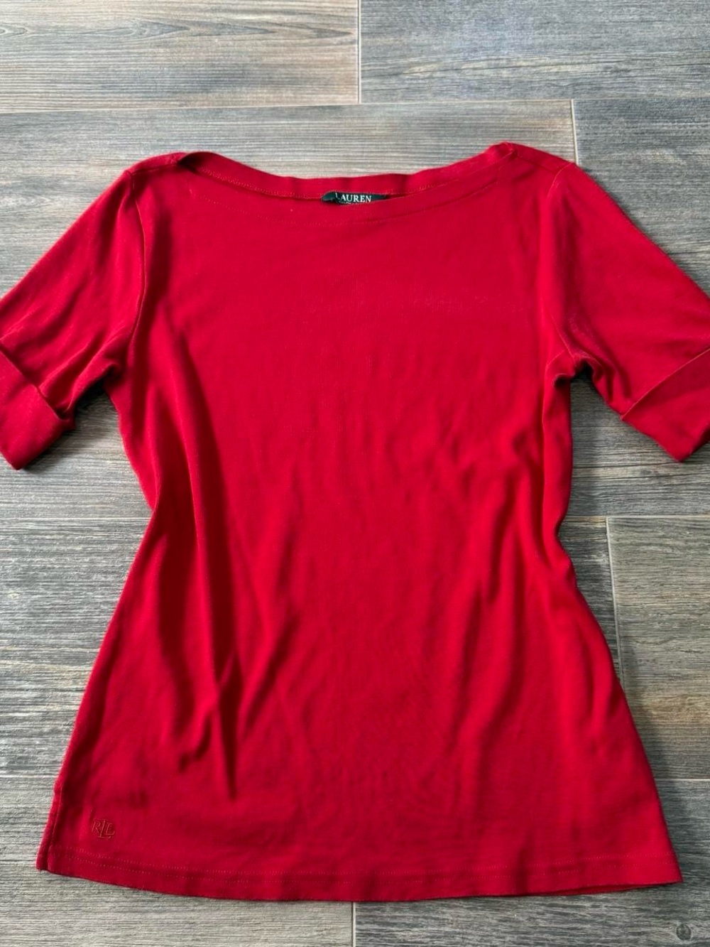 100% cotton holiday Red Ralph Lauren boat neck top cherry red